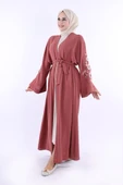 Nakış İşleme Detaylı Bel Kuşaklı Abaya 7898 Gül Kurusu thumbnail 3