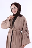 Nakış İşleme Detaylı Bel Kuşaklı Abaya 7898 Vizon - 3