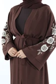 Nakış İşleme Detaylı Bel Kuşaklı Abaya 7898 Kahverengi thumbnail 4