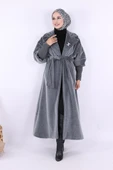 Bel Kuşaklı Yaka Taş Broş Detaylı Uzun Kaban 7923 Gri - 1