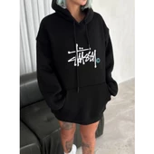 Üç İplik Kapşonlu Baskılı SweatShirt - Siyah - 2