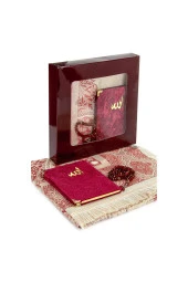 Kutulu Seccade Seti - Kadife Kaplı Yasin - Seccade - Tesbih - Bordo Renk thumbnail 1