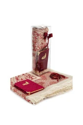 PVC Kutulu Seccade Seti - Kadife Kaplı Yasin - Seccade - Tesbih - Bordo Renk thumbnail 1