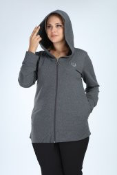 Pianoluce Kadın Büyük Beden Önü Fermuarlı Kapsonlu Cep Fermuarlı Ceket Antrasit P5109 - 3