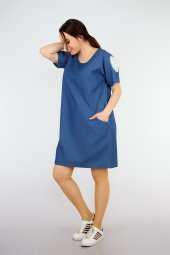 Pianoluce Bayan Denim Kolları Dantel Detaylı Elbise Lacivert 1385 - 4