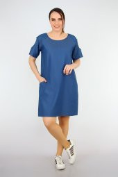 Pianoluce Bayan Denim Kolları Dantel Detaylı Elbise Lacivert 1385 - 6