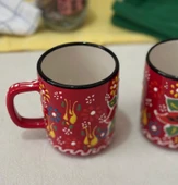 Çini El İşlemeli Seramik Dantel Desen Kırmızı Kupa Bardak (2 adet) - 1