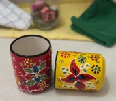 Çini El İşlemeli Seramik Dantel Desen 2li Sarı/Kırmızı Kupa Bardak - 1