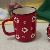 Kırmızı Renk Papatya Desen Çay Kahve Kupa Lokumluk Kase 1 adet - 6
