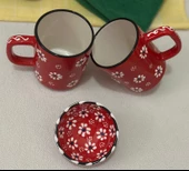 Kırmızı Papatya İşlemeli 2 li Çay Kahve Kupa ve 1 adet Kırmızı Lokumluk Kase - 4