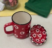 Kırmızı  Renk Papatya Desen Çay Kahve Kupa Lokumluk Kase 1 adet - 3