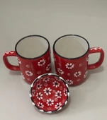 Kırmızı  Papatya İşlemeli 2 li Çay Kahve Kupa ve 1 adet Kırmızı Lokumluk Kase - 6