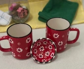 Kırmızı  Papatya İşlemeli 2 li Çay Kahve Kupa ve 1 adet Kırmızı Lokumluk Kase - 7