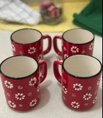 Kırmızı  Papatya İşlemeli 2 li Çay Kahve Kupa ve 1 adet Kırmızı Lokumluk Kase - 5
