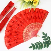 12 li Kırmızı Plastik Pullu Kumaş Yelpaze - 1