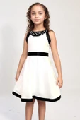 Kız Çocuk Göğsü İnci Boncuk Beli ve Etek Ucu Şerit Detaylı Beyaz Saten Elbise thumbnail 3