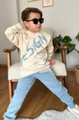 Erkek Çocuk Çift Baskılı Respect Design Yazı Şardonlu Buz Mavisi Eşofman Takım - 1