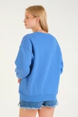 Kadın 3 İp Şardonlu Sıfır Yaka Oversize Sweatshirt Mavi - 6