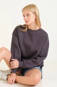 Kadın 3 İp Şardonlu Sıfır Yaka Oversize Sweatshirt Füme - 2