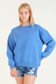 Kadın 3 İp Şardonlu Sıfır Yaka Oversize Sweatshirt Mavi - 5