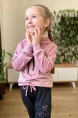 Kız Çocuk Buket Çiçek İşlemeli Kadife Sweatshirt Eşofman Altı Gül Kurusu Eşofman Takım - 2