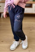 Kız Çocuk Buket Çiçek İşlemeli Kadife Sweatshirt Eşofman Altı Gül Kurusu Eşofman Takım - 3