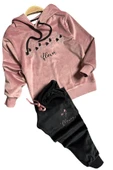 Kız Çocuk Buket Çiçek İşlemeli Kadife Sweatshirt Eşofman Altı Gül Kurusu Eşofman Takım - 4