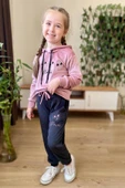 Kız Çocuk Buket Çiçek İşlemeli Kadife Sweatshirt Eşofman Altı Gül Kurusu Eşofman Takım - 1