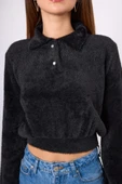 Peraluna Lucy Krop Kesim Polo Yaka Kadın Triko Bluz - Siyah - 4