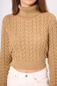 Peraluna Scarlett Saç Örgülü Krop Kesim Kadın Triko Kazak - Camel thumbnail 4