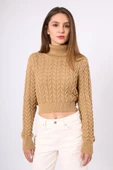 Peraluna Scarlett Saç Örgülü Krop Kesim Kadın Triko Kazak - Camel thumbnail 3