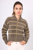 Peraluna ICEBERG BOMBER JACKET Simli Çizgili Kısa Kadın Triko Bomber Ceket - Vizon - 2