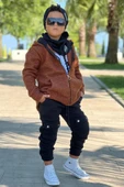 Erkek Çocuk OK Yazı Baskılı Kazak Kahverengi Peluş Yünlü Ceket Penye Alt Eşofman Takım thumbnail 2