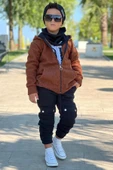 Erkek Çocuk OK Yazı Baskılı Kazak Kahverengi Peluş Yünlü Ceket Penye Alt Eşofman Takım thumbnail 1