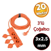 Monofaze CCA Uzatma Kablosu 3x2.5 mm Çoğaltıcı Seyyar Topraklı Kapaklı 3'lü Grup Priz Fiş 20 Metre - 1
