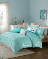 Mavi Gümüş Renk Çizgili Raina 5 Parça Yorgan Seti - 1