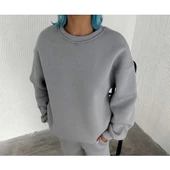 Kışlık Bisiklet Yaka Üç İplik Basic SweatShirt - Gri - 1