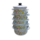 Yuvam Emaye Dekorlu 5li Kapaklı Emaye Tencere Seti 16-18-20-22-24 Cm thumbnail 1