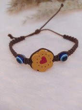 Sevimli Nazar Boncuklu Çiçek Kalp Örgü Ayarlanabilir Bileklik Kahverengi - 1
