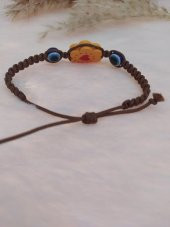 Sevimli Nazar Boncuklu Çiçek Kalp Örgü Ayarlanabilir Bileklik Kahverengi - 3