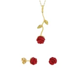 925 Ayar Gümüş Altın Kaplama Gül Kolye Küpe Seti - 1