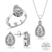 Swarovski Taşlı Damla Gümüş Kolye Küpe Yüzük Set Sertifikalı - 1