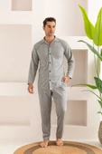 Erkek Jakarlı Düğmeli Pamuk Pijama Takımı- Çizgili Erkek Pijama - 2
