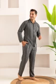 Erkek Jakarlı Düğmeli Pamuk Pijama Takımı- Çizgili Erkek Pijama - 8