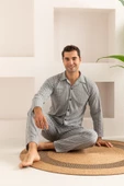 Erkek Jakarlı Düğmeli Pamuk Pijama Takımı- Çizgili Erkek Pijama - 6
