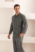 Erkek Jakarlı Düğmeli Pamuk Pijama Takımı- Çizgili Erkek Pijama - 1