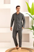 Erkek Jakarlı Düğmeli Pamuk Pijama Takımı- Çizgili Erkek Pijama - 7