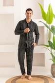 Erkek Jakarlı Düğmeli Pamuk Pijama Takımı- Çizgili Erkek Pijama - 12