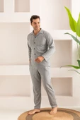 Erkek Jakarlı Düğmeli Pamuk Pijama Takımı- Çizgili Erkek Pijama - 3