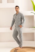 Erkek Jakarlı Düğmeli Pamuk Pijama Takımı- Çizgili Erkek Pijama - 4